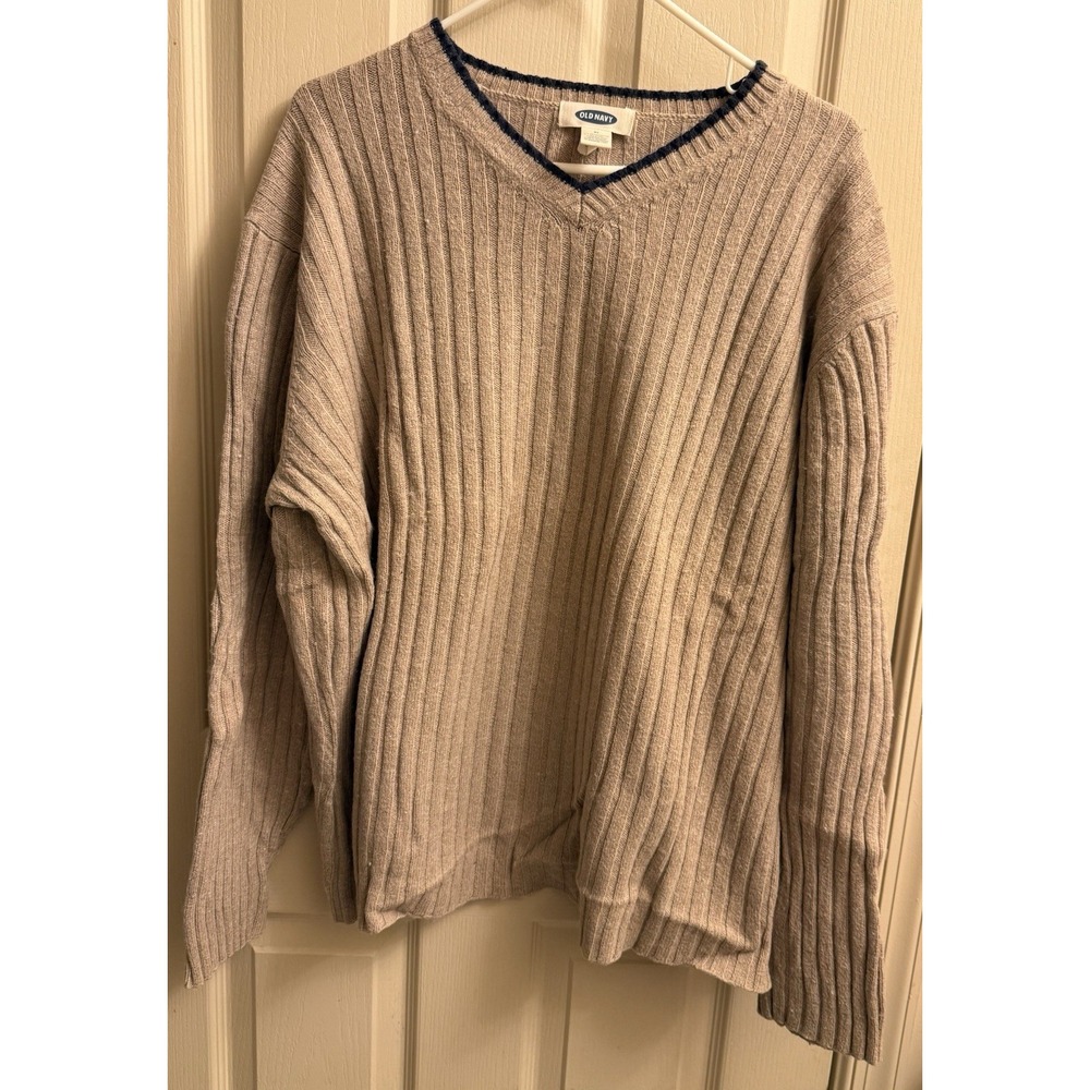 Old Navy Mens Ribbed V Neck Sweater Beige With Navy Blue Trim Pullover Size XL
